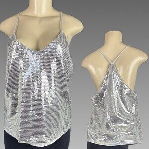 Chrysanthemum L Silver Sequin Mesh Gray Lined Racerback Straps Camisole Top
